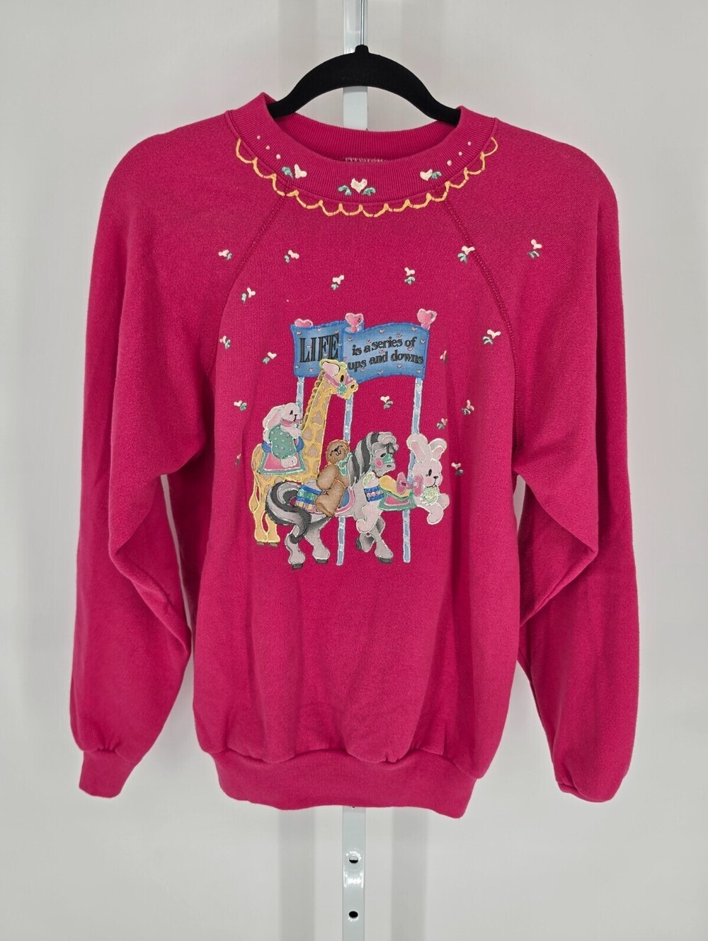 Vtg 1980s Womens Sz M Crew Neck Sweatshirt Pink Puffer Paint Carousel Horse